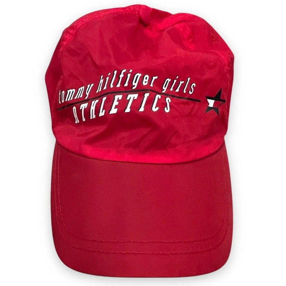 VTG Tommy Hilfiger Girls Athletics Nylon Hat‎ Cap Red Cinch Y2K Adjustable 90s